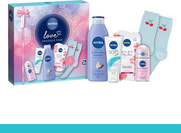 Love Snuggle Time Gift Set (5 Products) – Women'S Gift Set – Includes Body Lotion, Face Sheet Mask, Moisturising Cream and Anti-Perspirant – with Pair of Socks