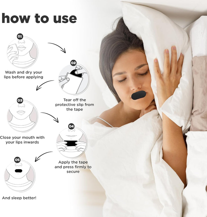 Mouth Tape for Sleeping - 31 Strips (Black) - Dermatologically Tested Snoring Aid for Men & Women, Improves Nasal Breathing, 95% Cotton, Rayon-Free, Strong yet Gentle Medical-Grade Adhesion