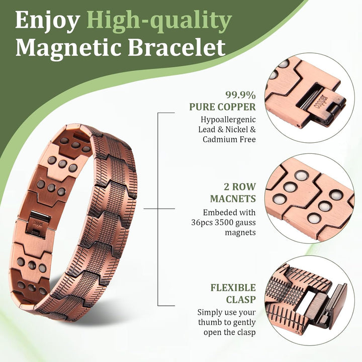 99.9% Copper Magnetic Bracelet for Men, 3X Magnetic Bracelets Men with Ultra Strength Magnets, Adjustable Wristband with Link Removal Tool & Jewelry Gift Box(Copper)