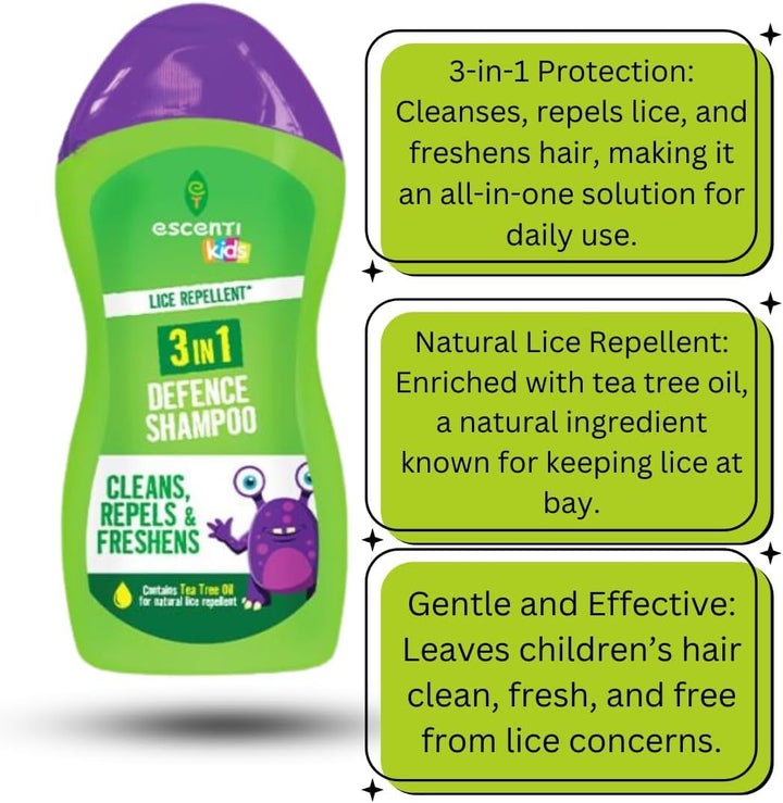 Escenti Kids 3-In-1 Head Lice Prevention Bundle – Natural Lice Defence Shampoo (300Ml), Conditioner (300Ml) &  Nit Comb for Daily Headlice Protection