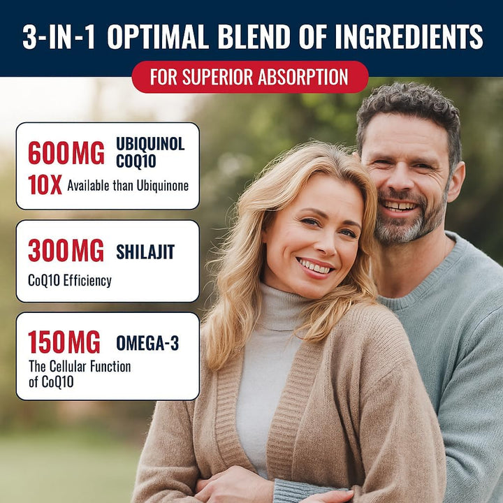 Ubiquinol Coq10 600Mg Softgels with Shilajit Extract 300Mg, Omega-3 150Mg - Dual-Delivery System - Enhanced Absorption for Maximum Active Coq10 Utilization (60 Count, Pack of 1)
