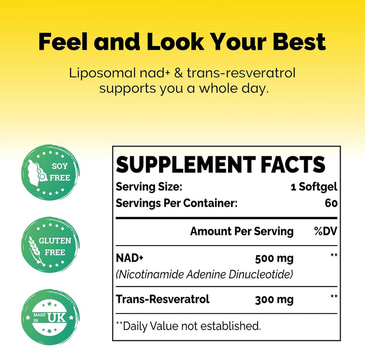 Liposomal NAD+ & Trans-Resveratrol 800Mg Softgels, High Absorption, Actual NAD+ Supplement for Cellular Repair, 60 Softgels (60 Count (Pack of 1))