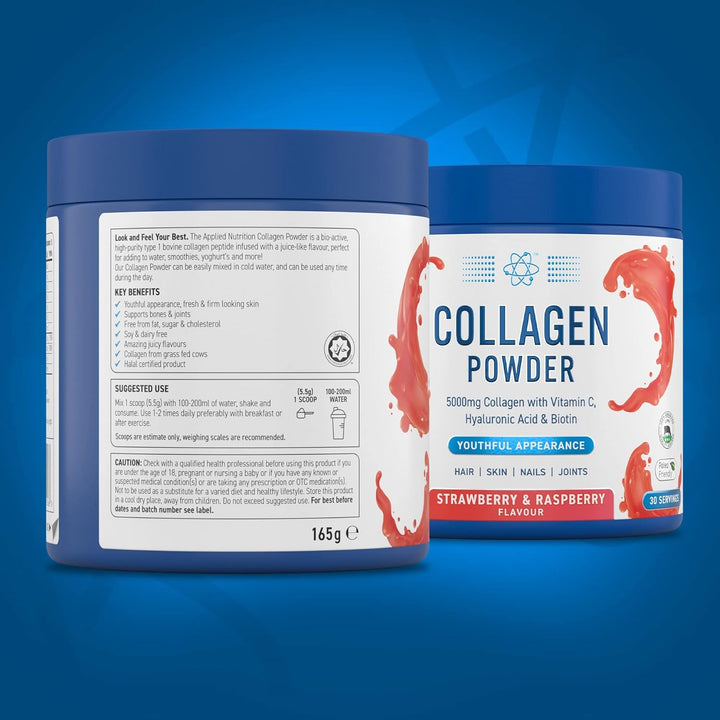 Collagen Powder - Strawberry & Raspberry Flavour - 5000Mg Hydrolysed Bovine Flavoured Collagen Peptides with Vitamin C, Hyaluronic Acid & Biotin (165G - 30 Servings)