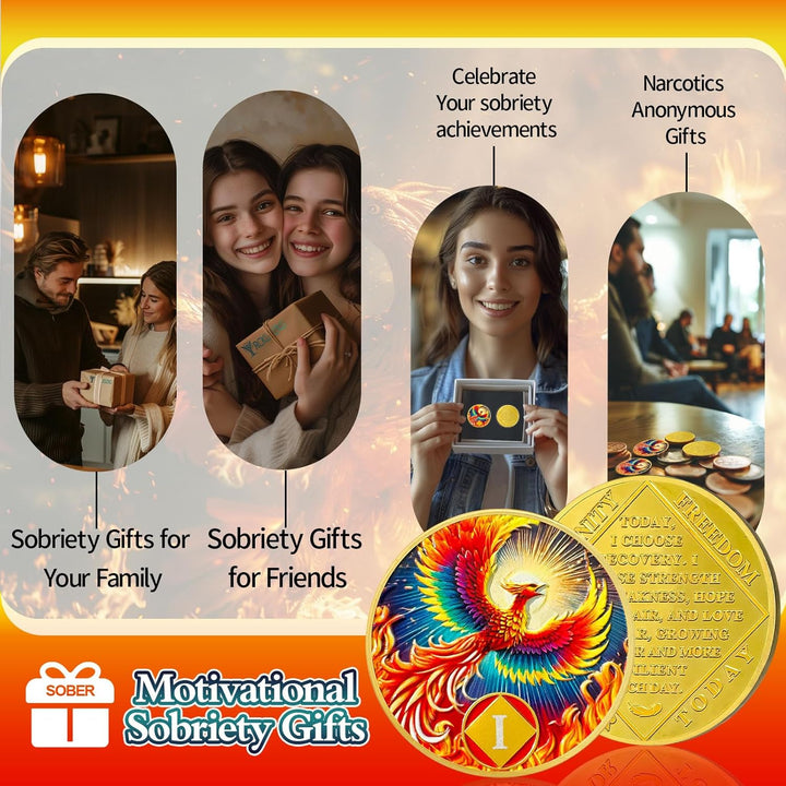 Phoenix of Light 1 Year Sobriety Coin, Phoenix One Years NA Coin, Addiction Recovery Sober Chip with Prayer - Beautifully Sobriety Gifts for Women Men - Applies to Narcotics Anonymous