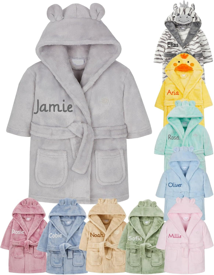 Personalised Baby Bathrobe Hooded Fleece Dressing Gown Super Soft Gifts Bath Robe for Boys Girls Cute Teddy Ears 0-4 Years