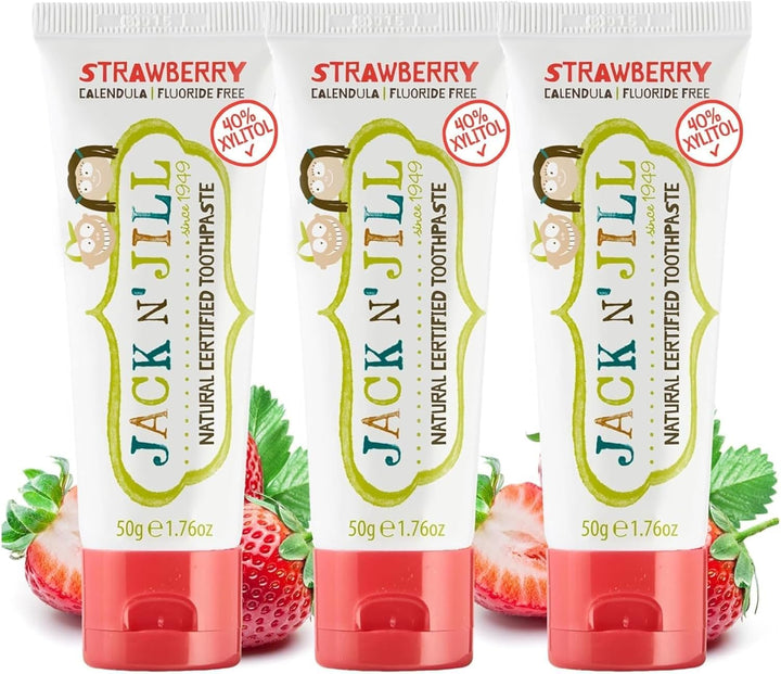 Jack N’ Jill Natural Certified Kids Toothpaste – Fluoride-Free Toddler & Baby Toothpaste with 40% Xylitol, No Sugar, Suitable from 6 Months+, Banana & Strawberry Flavour, Pack of 2 (50G Each)