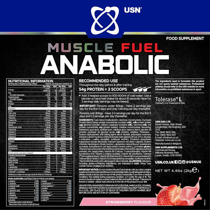Muscle Fuel Anabolic All-In-One Muscle Mass Gainer, Strawberry Flavour - 2Kg, 54G Protein Powder, 5G Creatine Powder & 5G BCAA Powder for Maximum Muscle Growth, Post Workout Recovery Drink Mix