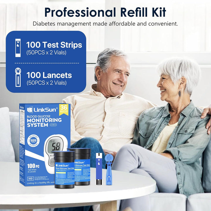 Blood Glucose Monitor Kit with 100 Test Strips & 100 Lancets, 500 Memory, Control Solution, Lancing Device, No Coding, G-425-3 Blood Sugar Monitor, Home Use Glucose Meter with Mmol/L Results