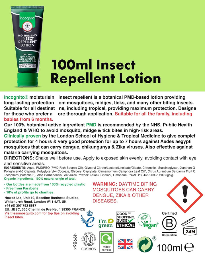Insect Repellent Lotion 100 Ml - Protects for up to 7 Hours - Natural, DEET Free Formula - Insect Repellent & Moisturiser for Soft Protected Skin - Travel Friendly Organic Mosquito Repellent
