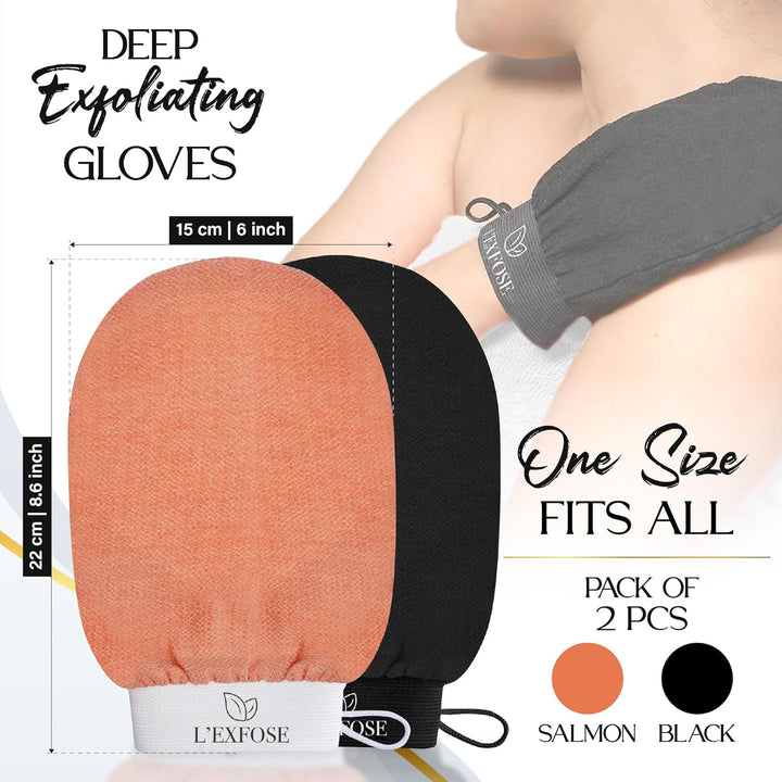 Moroccan Kessa Exfoliating Glove 2Pc - Korean Exfoliating Mitt for Body Ideal for Dead Skin Remover, Keratosis Pilaris & Self-Tanning to Improve Skin Tone Made with 100% Natural Viscose