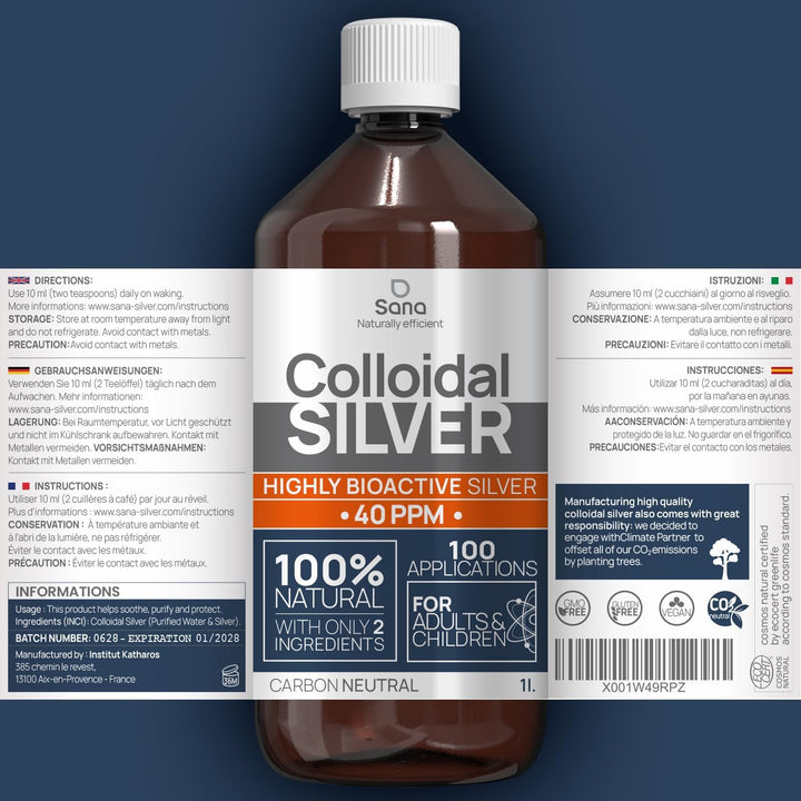 Colloidal Silver 40 PPM 1000 Ml - for Humans & Dogs - Highly Active Hydrosol Silver Water for Best Results - Carbon Neutral