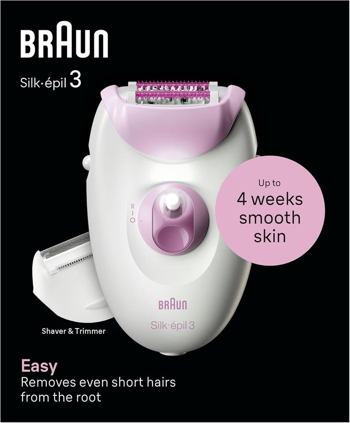 Silk-Épil 3, Corded Epilator for Hair Removal, Weeks of Smooth Skin, with Lady Shaver Head & Trimmer Comb, 3-031, Pink
