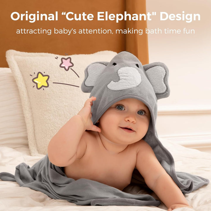Hooded Baby Towel Set, 8-Piece Baby Bath Towel Set, 2Pcs Baby Towel and 6Pcs Baby Wash Cloth, Soft and Super Absorbent Baby Washcloths for Toddlers, Baby Shower Set Cute Elephant