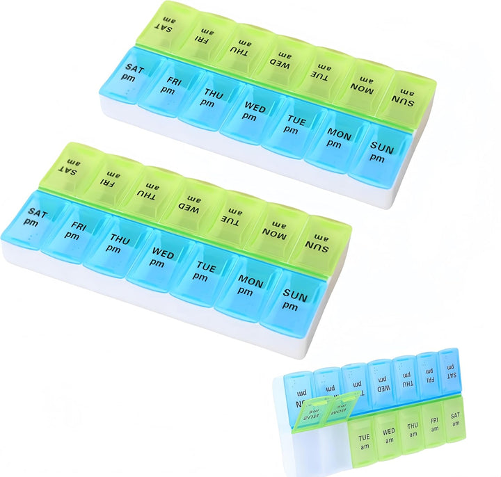 7-Day Pill Box - Pill Boxes 7 Day 2 Times a Day-Daily Medication, Pill Organiser,Tablet Tablet Organiser for Travel (Blue-Green)