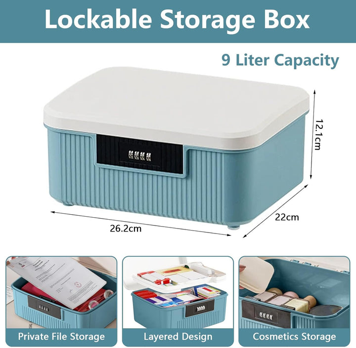 2 Layer Lockable Medicine Storage Box, 26X22X12Cm Medicine Box with Combination Lock, 9L Medicine Organizer Box with Removable Tray, Medication Storage Container for Home,School,Office(Blue)
