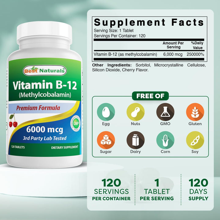 Vitamin B-12 as Methylcobalamin (Methyl B12), 6000 Mcg 120 Sublingual Tablets