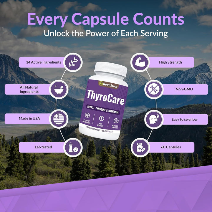 Thyrocare #1Thyro & Energy Support Supplement | Advanced Metabolism & Focus Formula with Kelp, Iodine, L-Tyrosine, Ashwaganda, B12, Selenium, Schisandra, Cayenne | 60 Capsules (Non-Gmo)