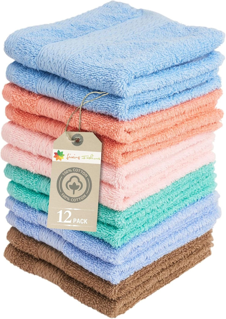Cotton Washcloths 12 Pack - 33 X 33 CM - Multicolor Absorbent & Soft Washcloths - 100% Ring Spun Cotton Fingertip Towels