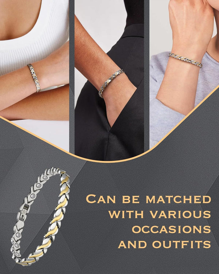 Magnetic Bracelets for Women,Titanium Steel Ladies Magnetic Bracelets,Adjustable Wristband Include Sizing Tool in Gift Box(Fish Tail Design-Silver Gold)