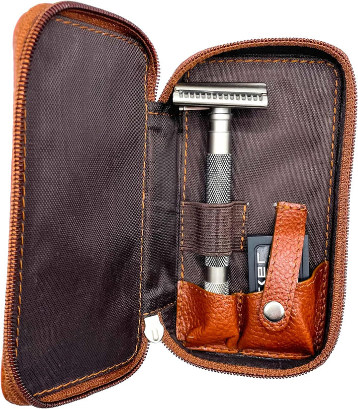 Genuine Leather Double Edge Safety Razor Zippered Travel Case with Compartment for Blades Too - from Saddle Brown
