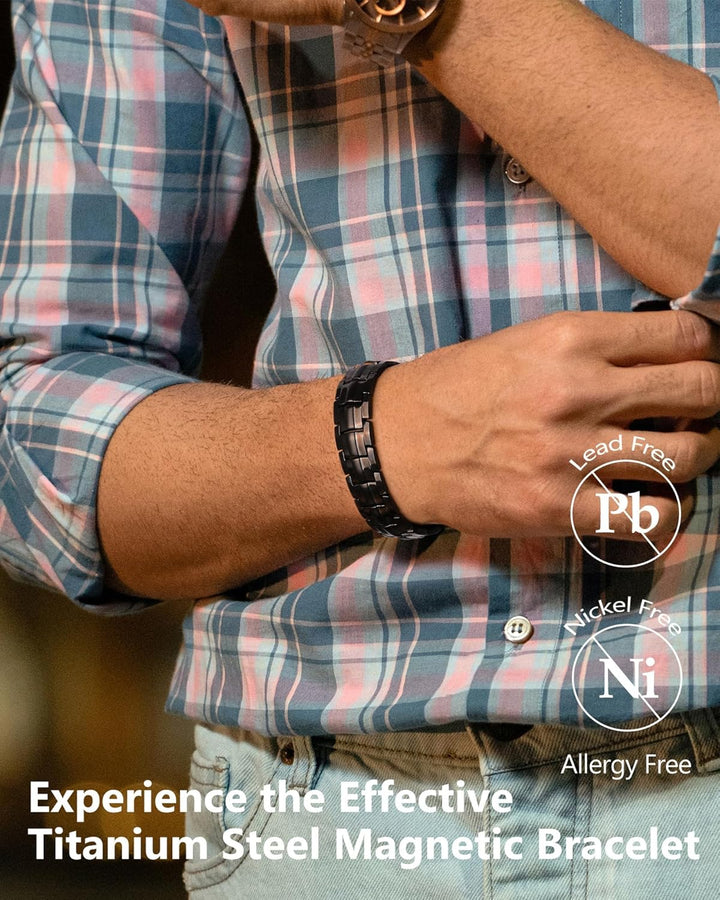 Titanium Steel Magnetic Bracelets for Men,4 Element Double Row Strength Magnets Wristband Magnetic Brazaletes with Free Links Removal Tool & Jewelry Gift Box