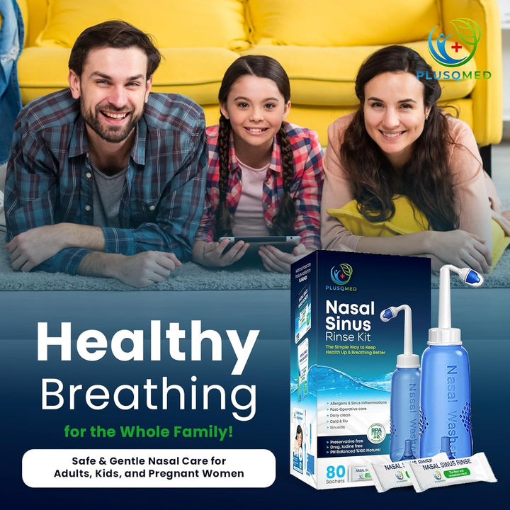 Nasal Rinse Kit – 300Ml Neti Pot Bottle + 80 Saline Packets – Sinus Rinse System for Adults & Kids – Natural, Drug-Free, PH Balanced Nasal Wash for Allergy & Cold Relief
