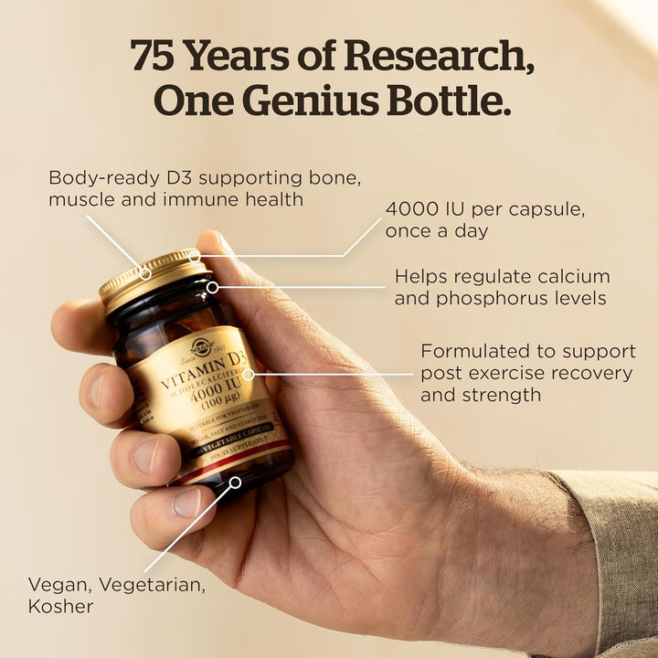 Vitamin D3 4000 IU (100 Μg) Vegetable Capsules - 60 Count (Pack of 1) - Cholecalciferol - Keeps Bones and Teeth Healthy - Supports Muscle Function & Immunity - Vegetarian