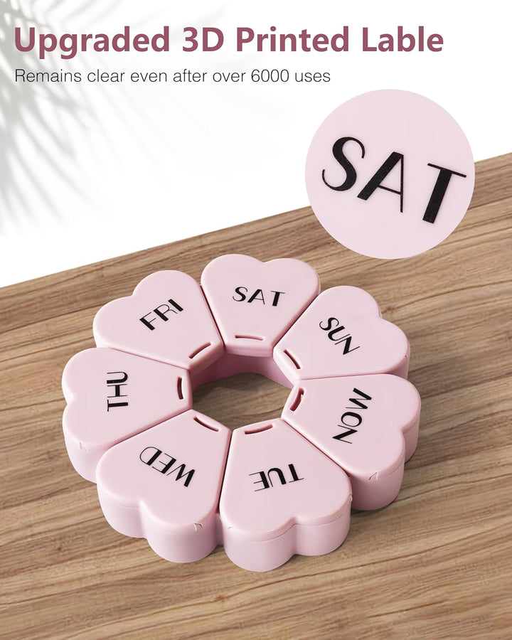 Weekly Pill Organiser, Cute, 7 Day, Large Compartments, Portable Tablet Box, Round, Vitamin and Supplement Case (Pink)