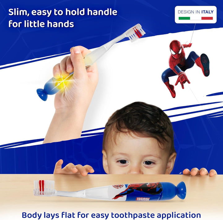 Marvel Spiderman Flashing Toothbrush for Kids with 2 Minute Flashing Light, Comfortable Handle Grip, Soft Rounded Bristles and Suction Cup for Upright Storage for Children Ages 3+