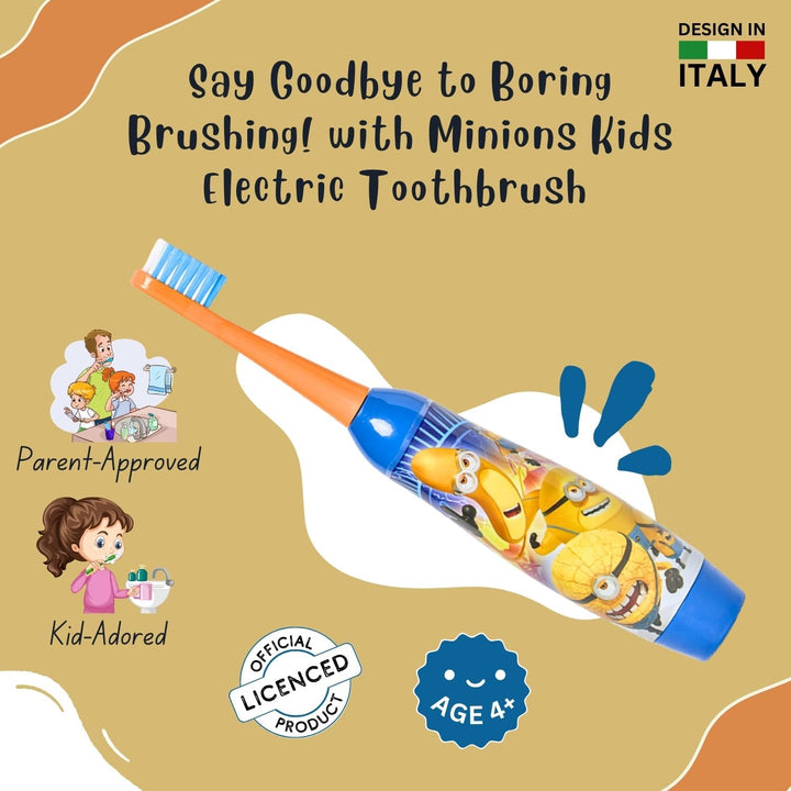 Minions Battery Powered Electric Toothbrush for Kids – Soft Rounded Bristles, Enhanced Vibration, Protection Cap & Battery Included | Gentle & Fun Oral Care for Children Ages 4+