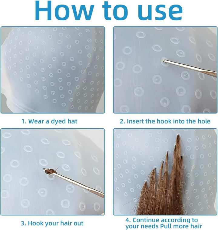 Pre-Punched with Holes Silicone Highlight Caps Hair Color Set with Coloring Hair Hook, Reusable Hair Tools for Salon & Home Use, DIY Hair Dyeing Tools for Women & Men (2)