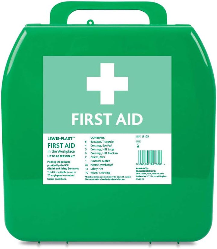 Lewist-Plast Premium Medium 11-20 Persons First Aid Kit Box - Complete with Integrated Carry Handle and Wall Mounting System, Ideal for Schools and Offices, Equipped with Emergency Supplies