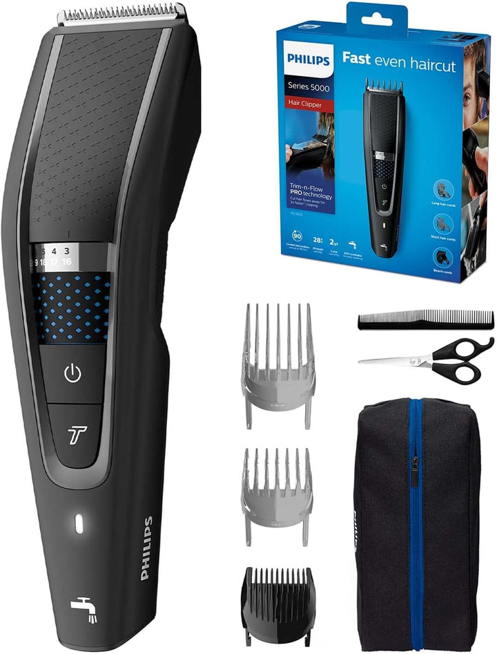 Hair Clippers, Series 5000 Trim-N-Flow PRO Technology Hair Clipper, Fully Washable with Self-Sharpening Stainless Steel Blades, Corded, UK 3-Pin Plug - HC5630/13