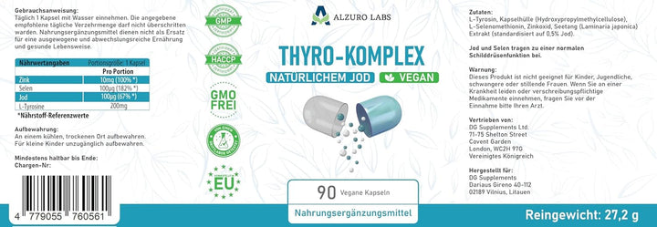 Thyro Complex with Natural Iodine | 90 Vegan Capsules | High Strength Thyroid Support | 3Rd Party Lab Tested | GMP | Gluten & GMO Free