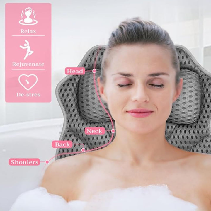 Bath Pillow 4D Luxury Bath Spa Pillow Neck and Back Support, Bathtub Headrest Cushion Pillow Non-Slip with Suction Cups (A)