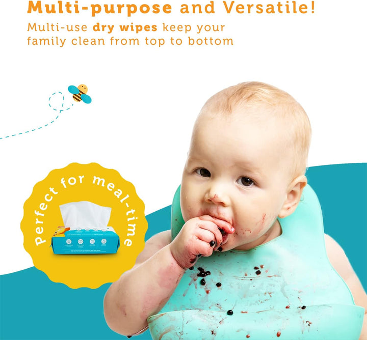 100% Pure Cotton Dry Wipes | 200 Count | Use Wet or Dry | Soft & Sensitive | Hypoallergenic | Extra Strong & Absorbent | Perfect for Diaper Changes, Runny Noses, Drool, Meal Time & Nursing