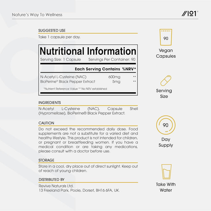 N-Acetyl L-Cysteine 600Mg with Bioperine® – 90 Vegan Capsules – Vegan Fermented Amino Acid – Resealable and Recyclable Pouch by