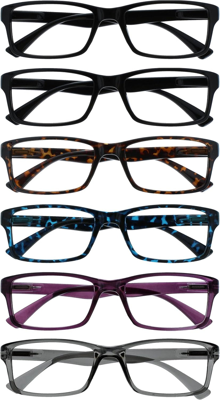 PEP Classic Reading Glasses for Women Men, Scratch Resistant Rectangular Frame with Spring Hinges, Black, +2.5 (Pack of 6)