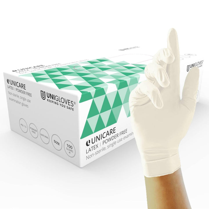 Unicare Latex GS0013 Examination - Multipurpose, Powder Free Disposable Gloves, Box of 100 Gloves, Natural, Medium