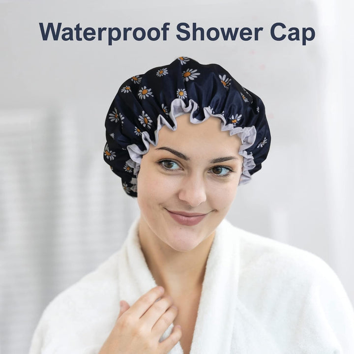 Premium Double Layer Shower Cap for Women with Unique Flower Design- Reusable Shower Cap for Hair - Waterproof Plastic Cap - Shower Caps for Long, Short and Curly Hairs