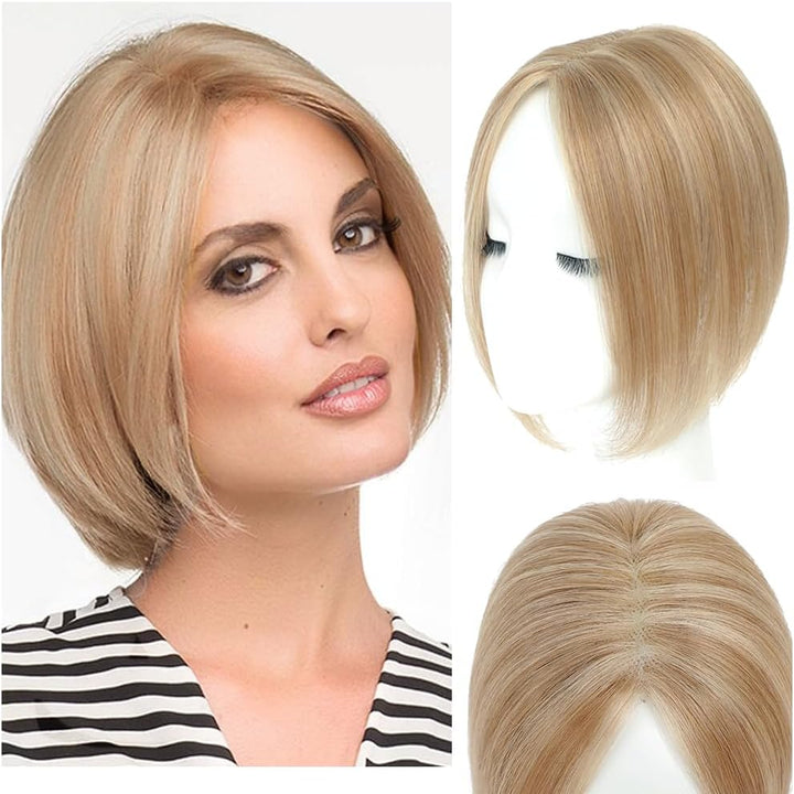 Hair Toppers with Thinninghair 100% Real Human Hair Topper for Women 10Inch Medium Brown Mix Blonde with Dark Brown Root Toppers 120% Density Top Toppee for Thinninghair4T427