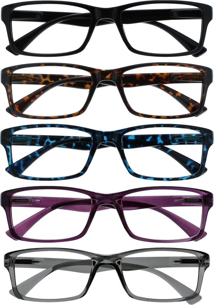 PEP Reading Glasses for Women Men, Large Rectangular Designer Frame with Spring Hinges, Scratch Resistant, Black +2 (Pack of 5)
