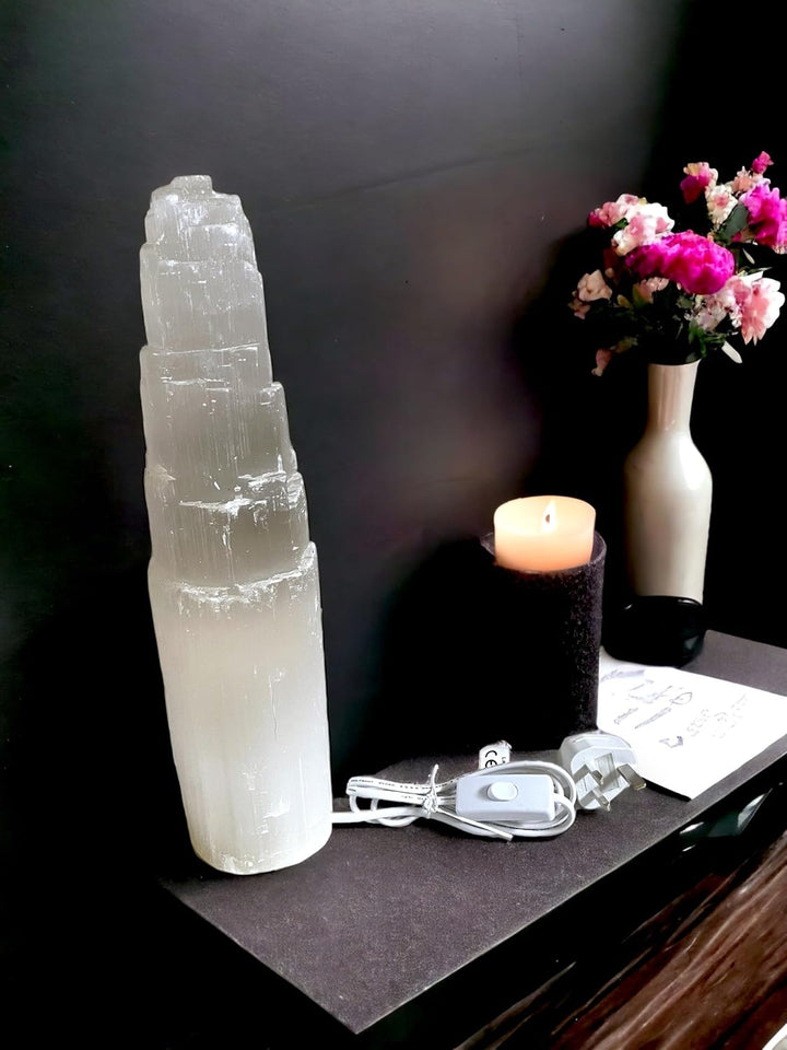 Selenite Crystal Lamp Handmade Natural White Selenite Tower Lamp Spiritual Healing Cleanse and Recharge Crystals Table Lamp Meditation Mineral Decoration Gift (30 Cm)