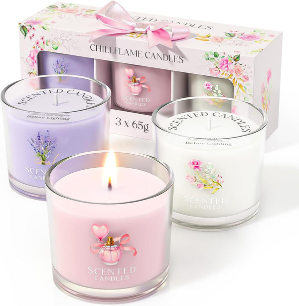 Candle Set, Scented Candle Gift Set for Her, 3 Scented Votive Candles, Birthday Gifts for Women/Men (Pink+Purple+White, 200G)
