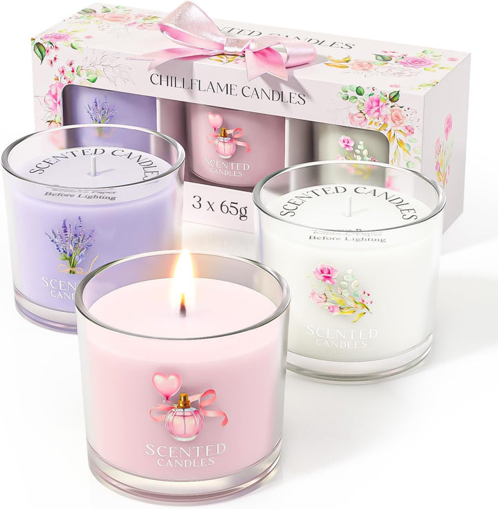 Candle Set, Scented Candle Gift Set for Her, 3 Scented Votive Candles, Birthday Gifts for Women/Men (Pink+Purple+White, 200G)