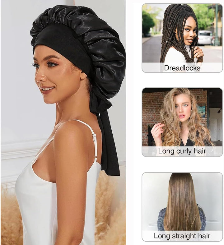 Silk Bonnet,Adjustable Satin Hair Bonnet,Soft and Comfortable Silk Sleep Cap(Black)