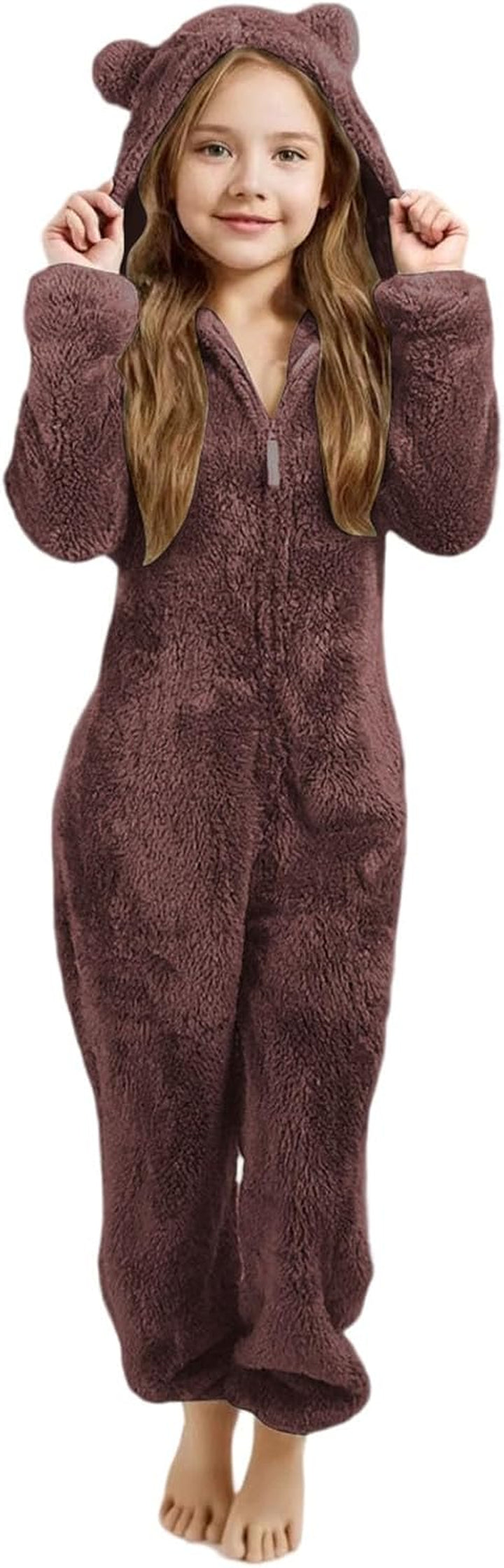Girls Fleece Hooded Romper Jumpsuit with Ears Soft Warm Winter Pajamas Play Costume for Toddler Kids