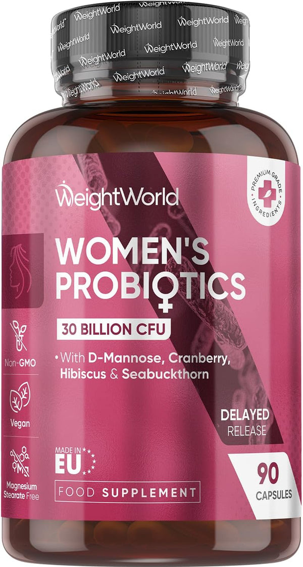 Women Probiotics Capsules - 30 Billion CFU - 90 Delayed Release Capsules - Added with D-Mannose, Cranberry, Hibiscus & Seabuckthorn Extracts - Vegan Intimate Probiotics for Women
