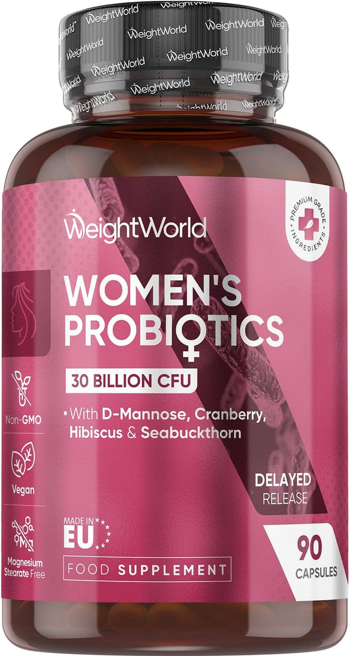 Women Probiotics Capsules - 30 Billion CFU - 90 Delayed Release Capsules - Added with D-Mannose, Cranberry, Hibiscus & Seabuckthorn Extracts - Vegan Intimate Probiotics for Women