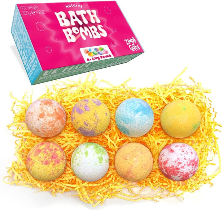 ZIMPLI - 8 X UK Made Value Bath Bombs, Birthday Gift Set for Women, Xmas Presents for Her, Girlfriend, Mum, Hamper, Beauty Spa
